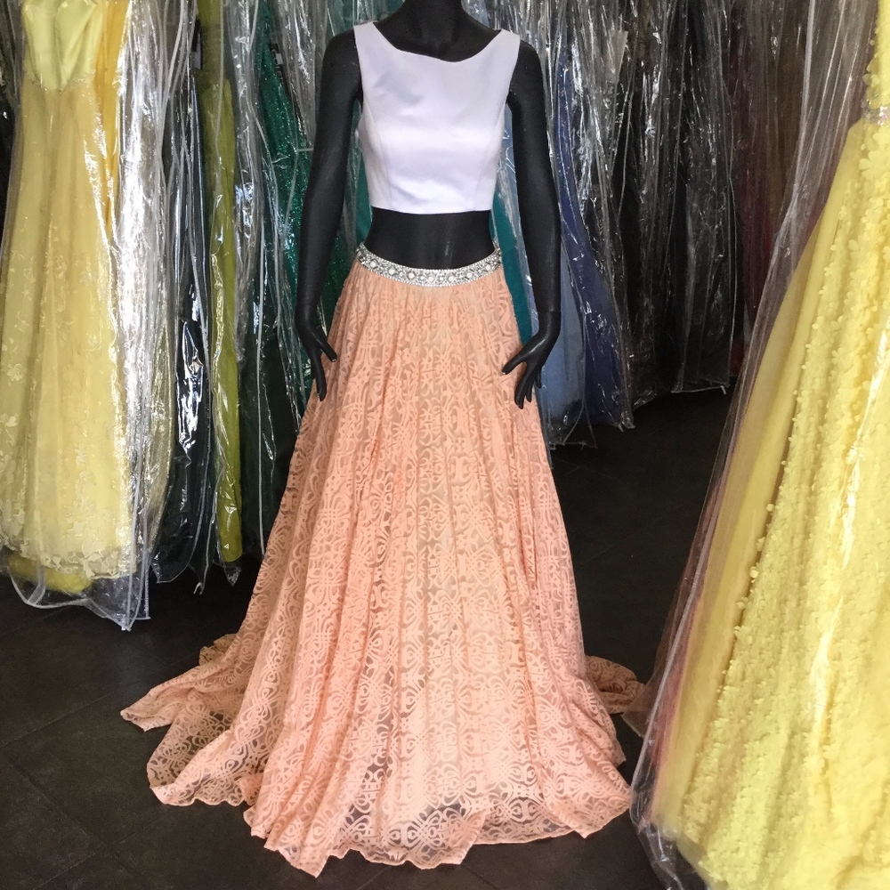 BLUSH COLORED 2 PIECE GOWN WITH RHINESTONE BELT